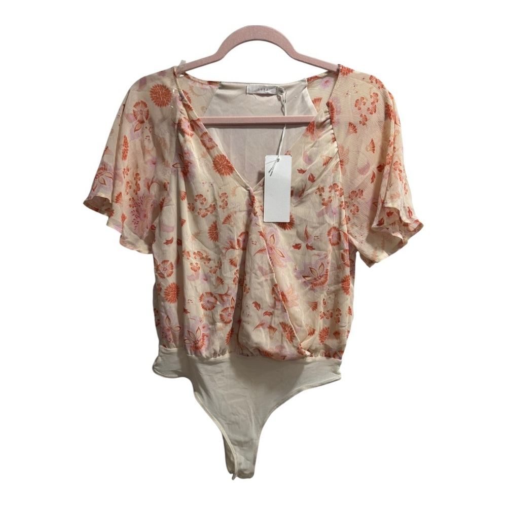 Lush Bodysuit Blouse, Cream with Pink/Orange Accent, size Small